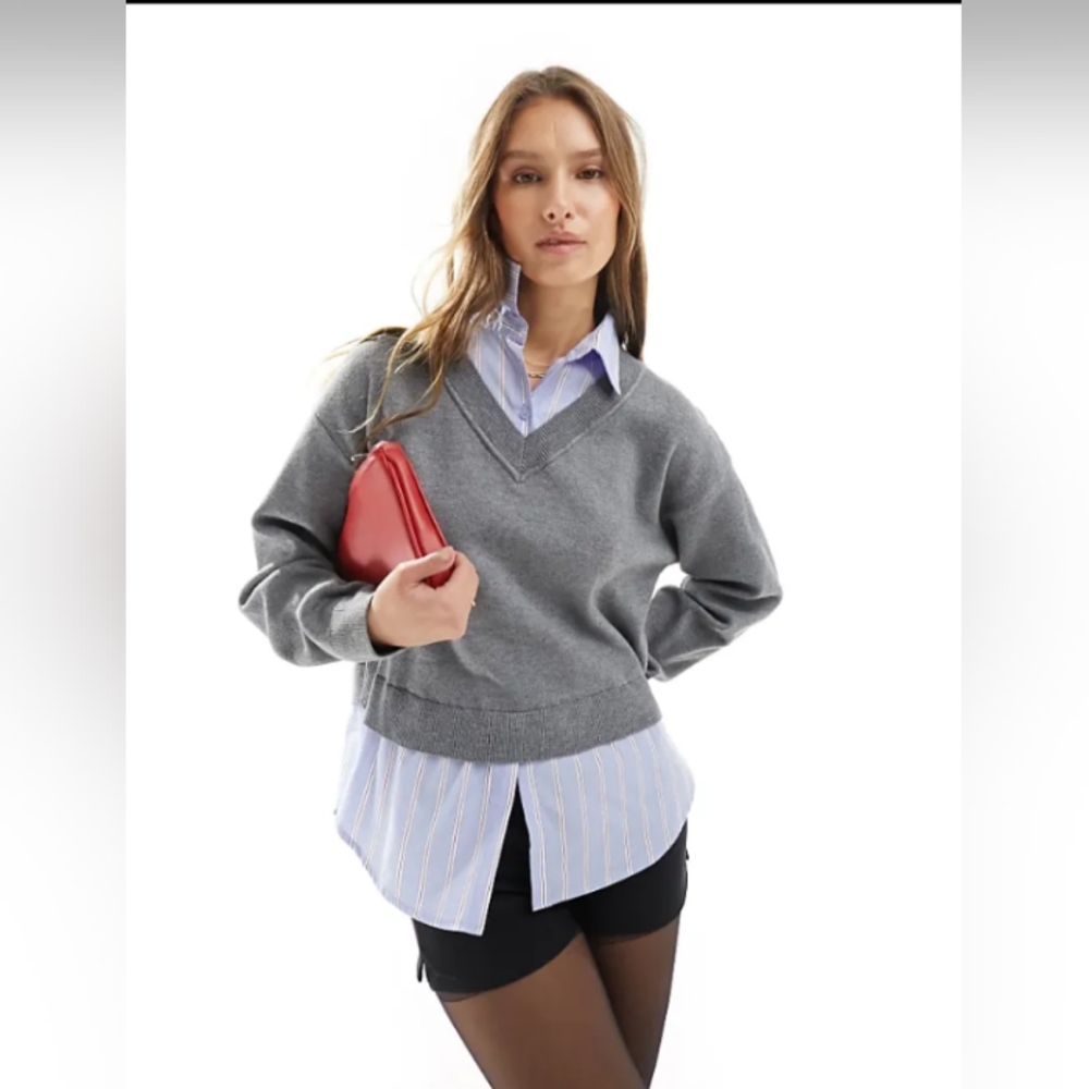 🩶 Mango Gray V-Neck Sweater w/ Built-in Shirt 🩶